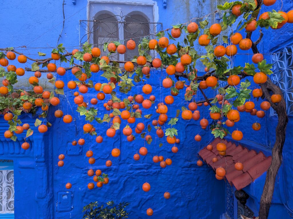 Fake oranges next to a blue wall